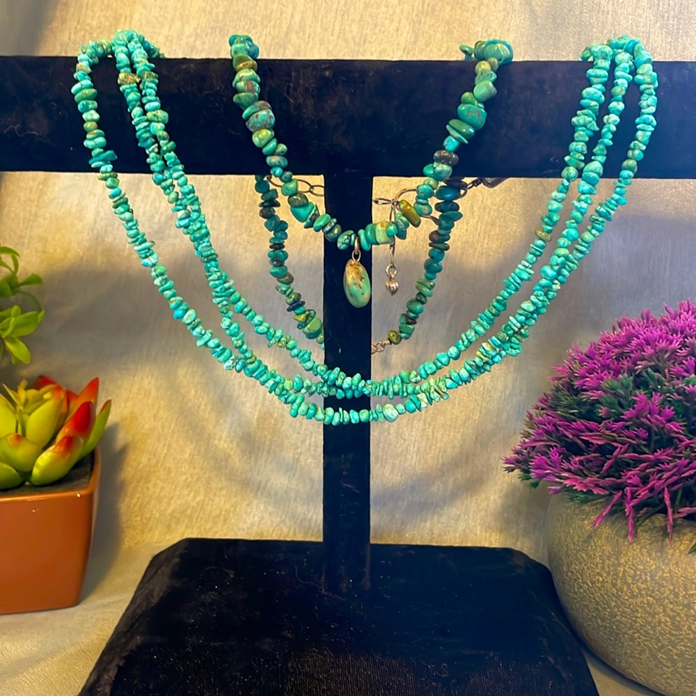 Pair of Natural Turquoise Necklaces with 925 Sterling Silver Clasps.